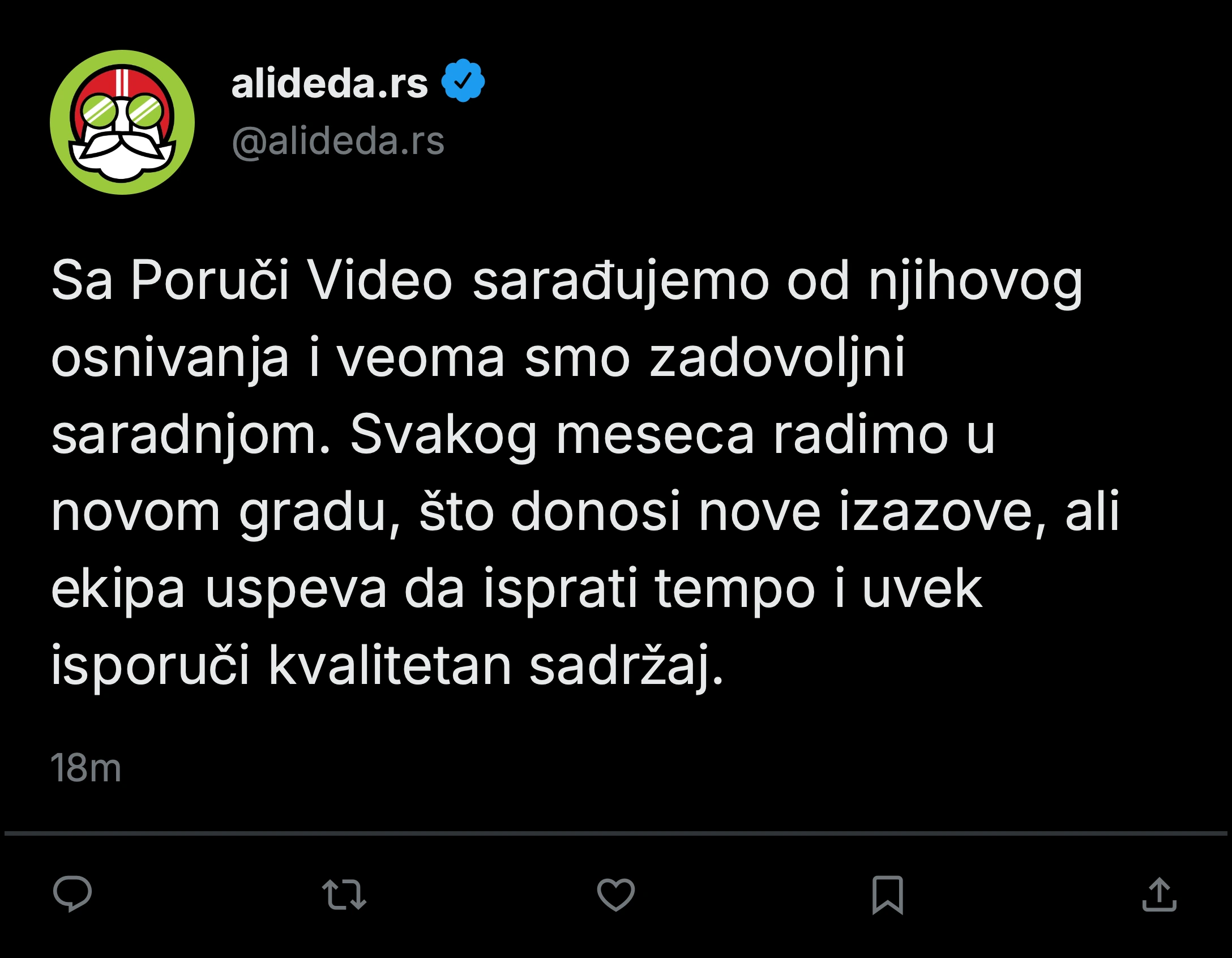 Objava klijenta Alideda DOO o saradnji sa Poruči Video