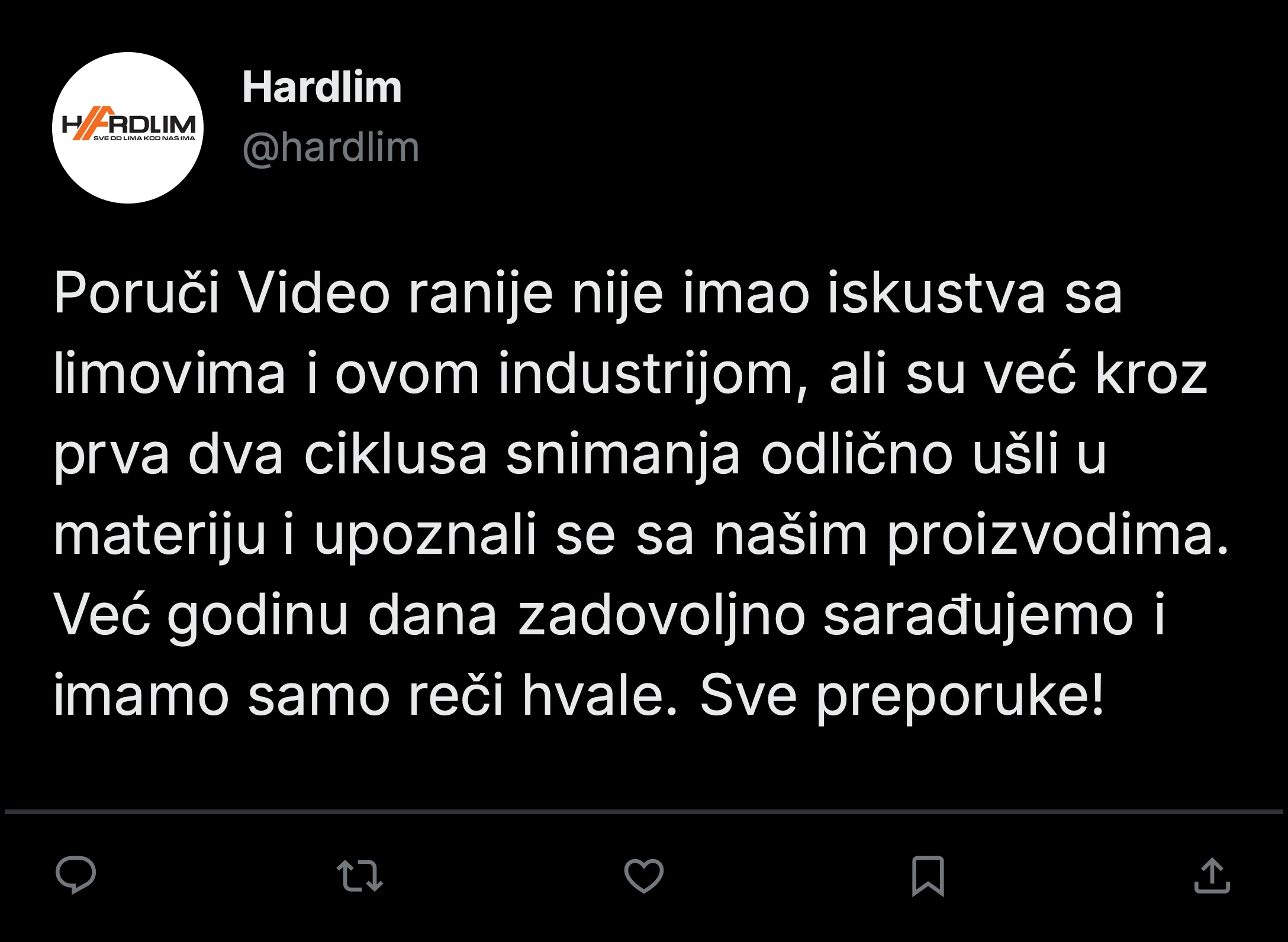 Objava klijenta Hardlim o saradnji sa Poruči Video