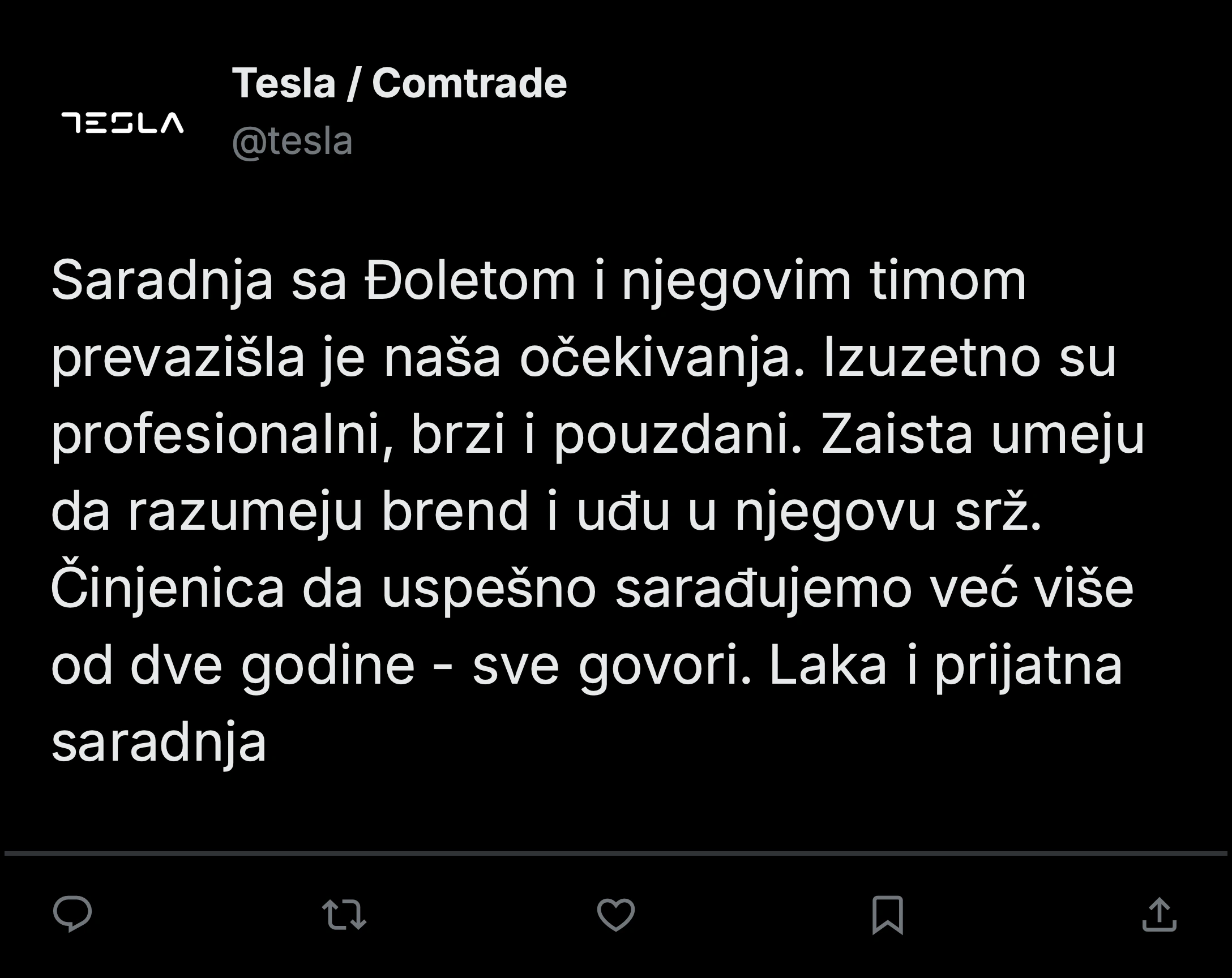Objava klijenta Tesla / Comtrade o saradnji sa Poruči Video