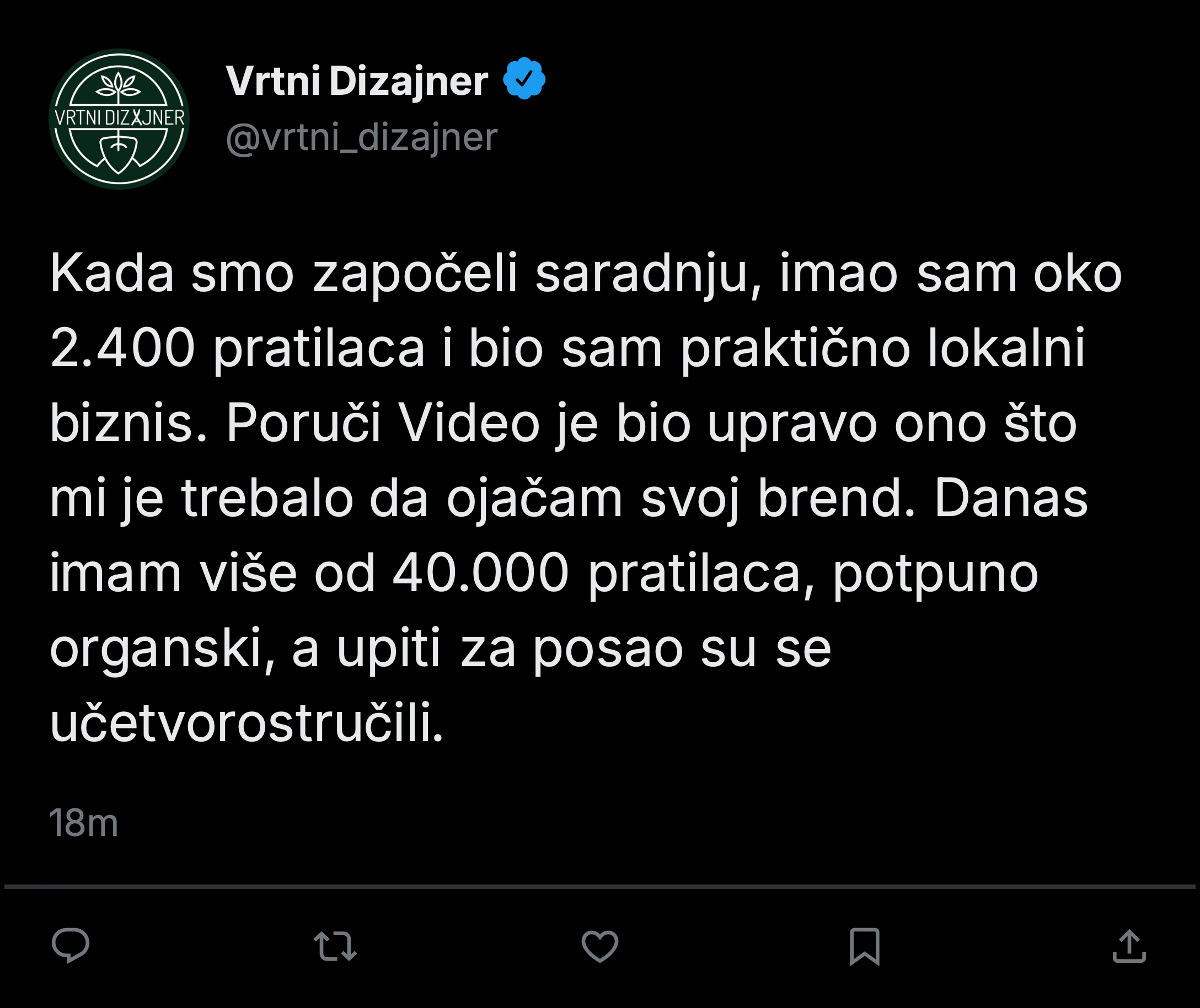 Objava klijenta Vrtni Dizajner o saradnji sa Poruči Video